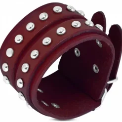 Bredt læderarmbånd med nitter - rød+petroleum+oliven