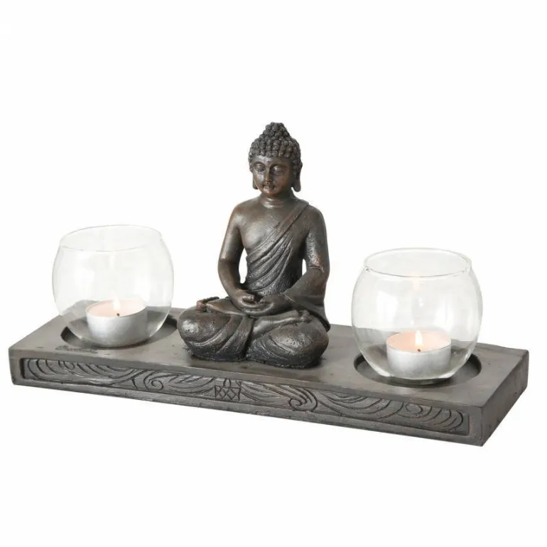 Dobbelt Buddha lysestage med 2 lysglas