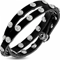 Dobbelt læderarmbånd med zirkoner - sort+brun