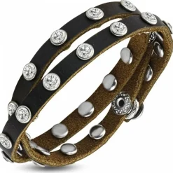 Dobbelt læderarmbånd med zirkoner - sort+brun