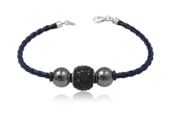 Flettet læderarmbånd / Sort krystal