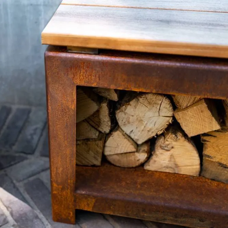 Havebænk i corten stål med brændeskjul og Hardwood sæde - 120cm + 200cm