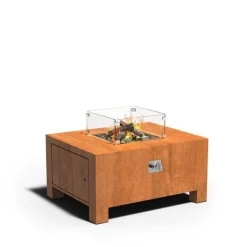 Ildbord i corten stål med brænder og glasskærm