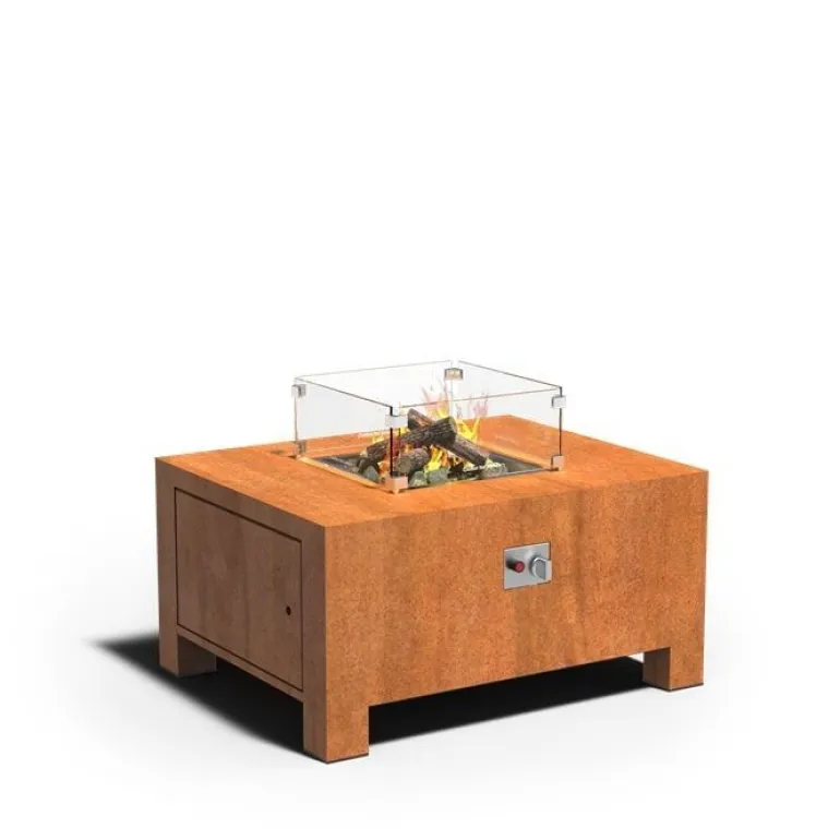 Ildbord i corten stål med brænder og glasskærm