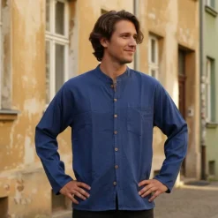 Langærmet skjorte med lav krave til mænd / Sort - Bordeaux - Lime - Blå / Bondeskjorte