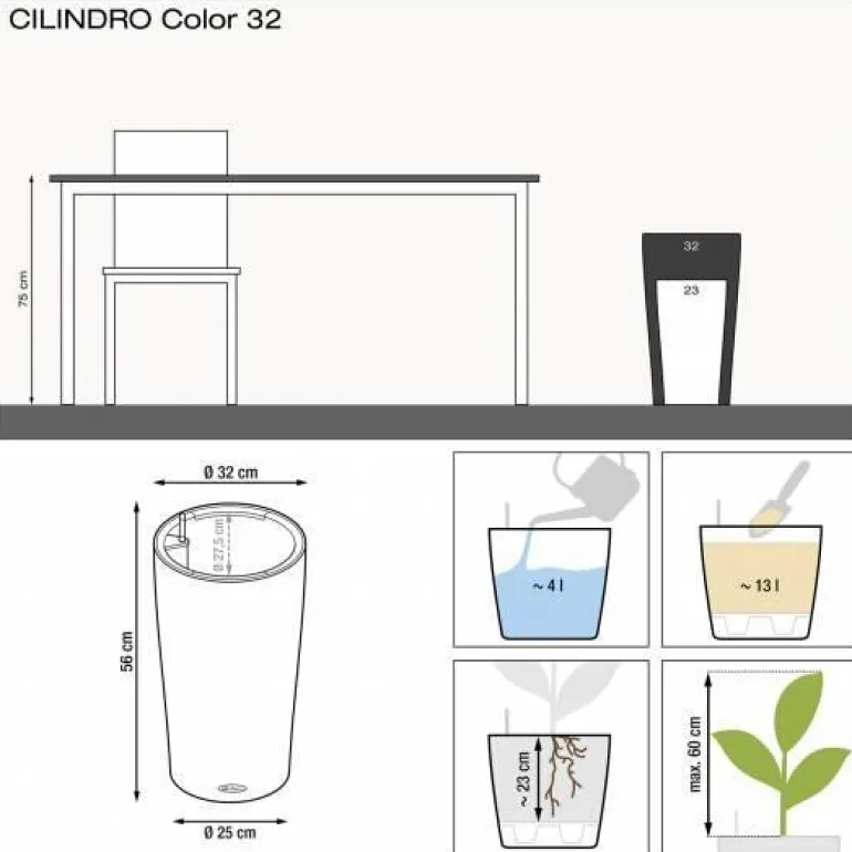 Lechuza Cilindro Color - krukker med selvvanding - 56cm - 3 farver