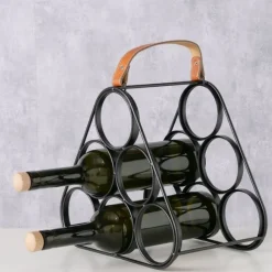 Lille vinreol / vinholder i sort jern med PU håndtag - 6 flasker