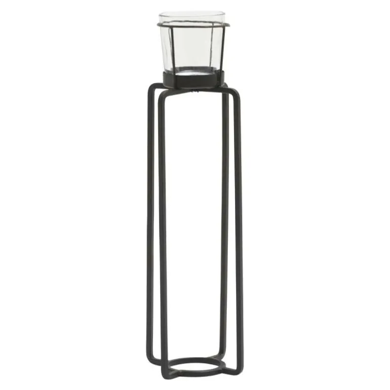 LULU lysestage i sort jern med glas til fyrfadslys
