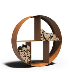 Rund brændereol / brændeskjul i cortenstål til væggen