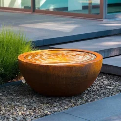 Rund Vandskål / Vandfontæne i cortenstål med led lys - Ø.100 + Ø.120