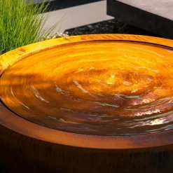 Rund Vandskål / Vandfontæne i cortenstål med led lys - Ø.100 + Ø.120