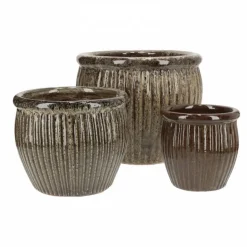 Runde glaserede krukker med ribber - sæt 3stk - 4 farver