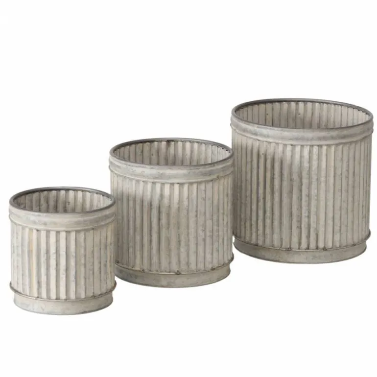 Runde metal zinkpotter med riflet overflade - 3 stk i sæt