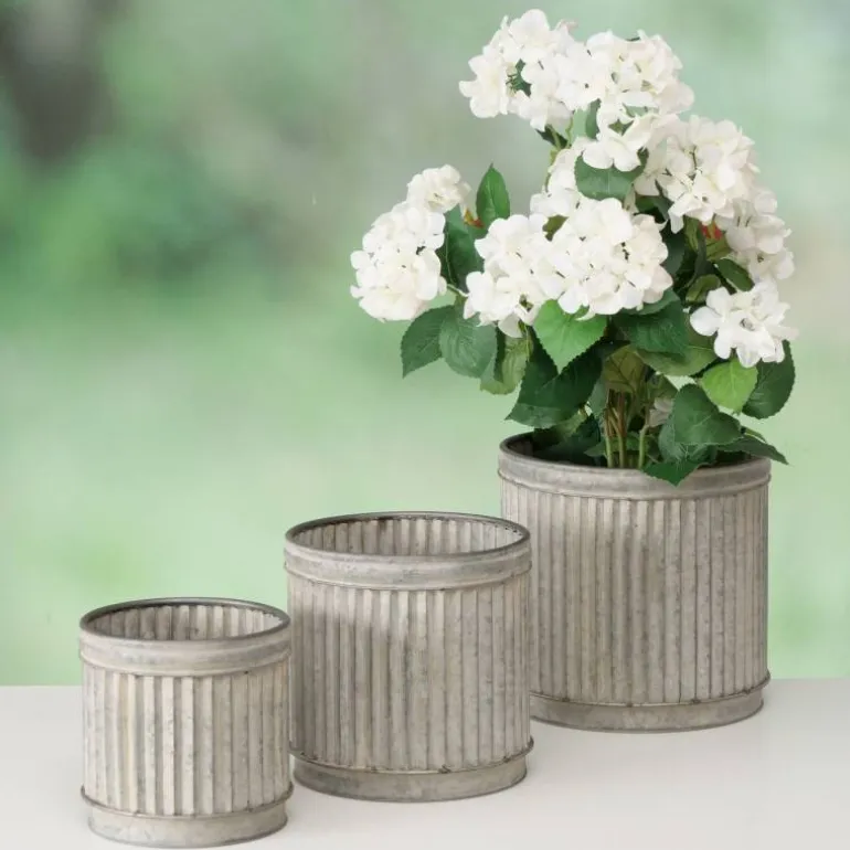 Runde metal zinkpotter med riflet overflade - 3 stk i sæt