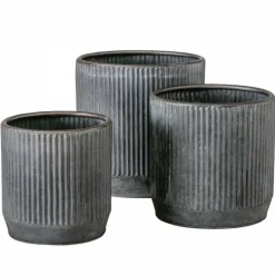 Runde plantepotter i metal med zink look og ribber - Sæt