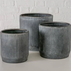 Runde plantepotter i metal med zink look og ribber - Sæt