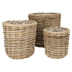 Runde rattanpotter med plastindsats - sæt 3stk
