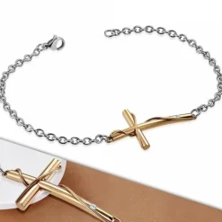 Stålarmbånd med kors - blank eller forgyldt