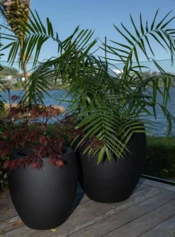 Stor rund udendørs frostsikker krukke med let nistret look - SÆT - 5 års garanti