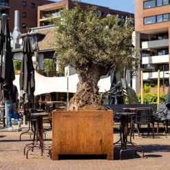 Store firkantede rust krukker i stål med fødder