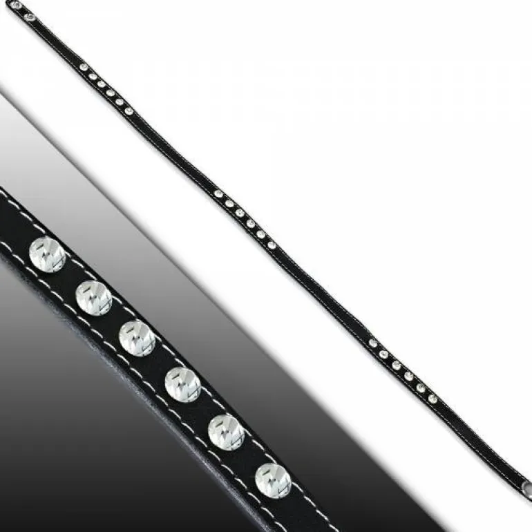 Viklearmbånd i sort læder med zirkon - 60cm